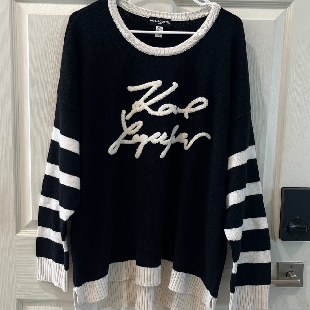 Karl Lagerfeld Paris Signature Black White Sweater Stripe sleeve Women XL